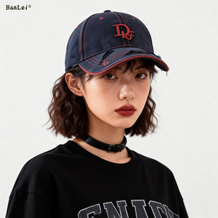 美式复古做旧破洞硬顶棒球帽子女2026新款宽帽檐百搭显脸小鸭舌帽