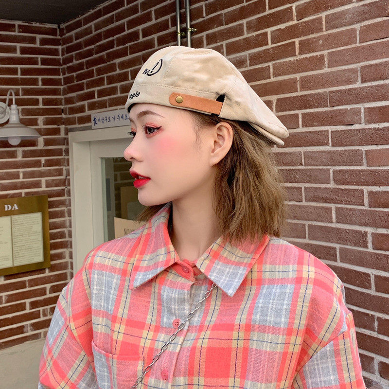 春夏季日系小众复古贝雷帽女潮韩版皮扣刺绣前进帽反戴鸭舌帽子女