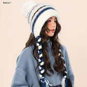 费尔岛风毛线帽子女2025款 冬季 针织毛球雷峰帽子女保暖防寒护耳帽