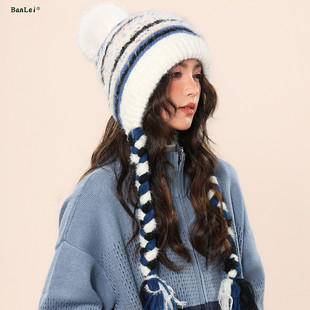 费尔岛风毛线帽子女2025款冬季针织毛球雷峰帽子女保暖防寒护耳帽