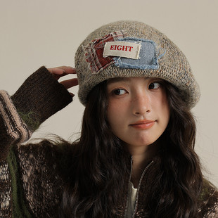 2024新款 秋冬显脸小针织贴布贝雷帽子女慵懒风网红毛线时髦画家帽