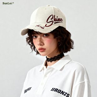 美式复古破洞字母刺绣硬顶棒球帽女宽檐显脸小百搭大头围鸭舌帽子