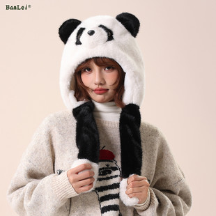 帽子女款2025新款可爱熊猫毛绒雷锋帽子女冬季加绒保暖护耳套头帽