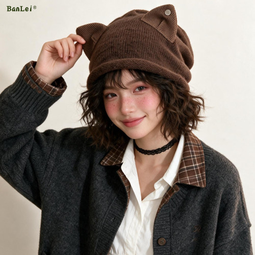 韩版猫耳堆堆帽女秋冬显脸小