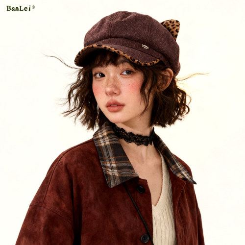 韩系复古豹纹毛呢猫耳贝雷帽女