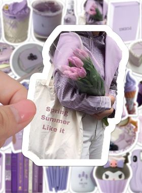 60张ins紫色系小众贴纸清新简约高颜值装饰DIY手机壳手账防水贴画