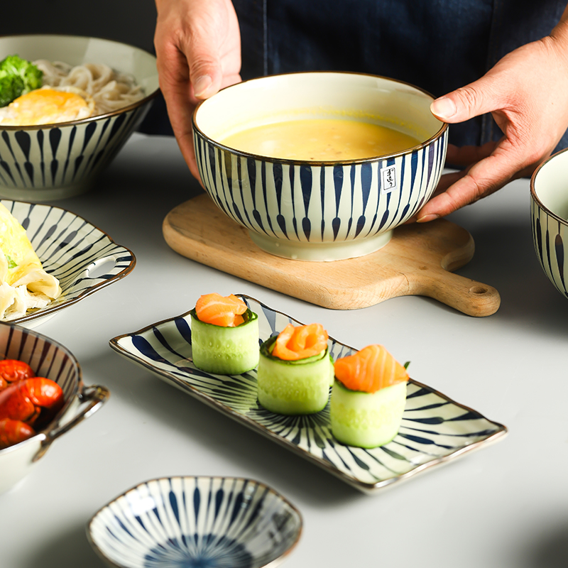 日式釉下彩餐盘寿司盘鱼盘陶瓷盘子家用饭碗菜盘菜碟早餐碗汤碗勺