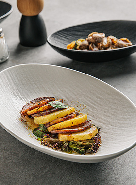 陶瓷椭圆碗沙拉碗凉菜盘船型盘鱼盘餐厅高级感餐具元宝碗意面碗