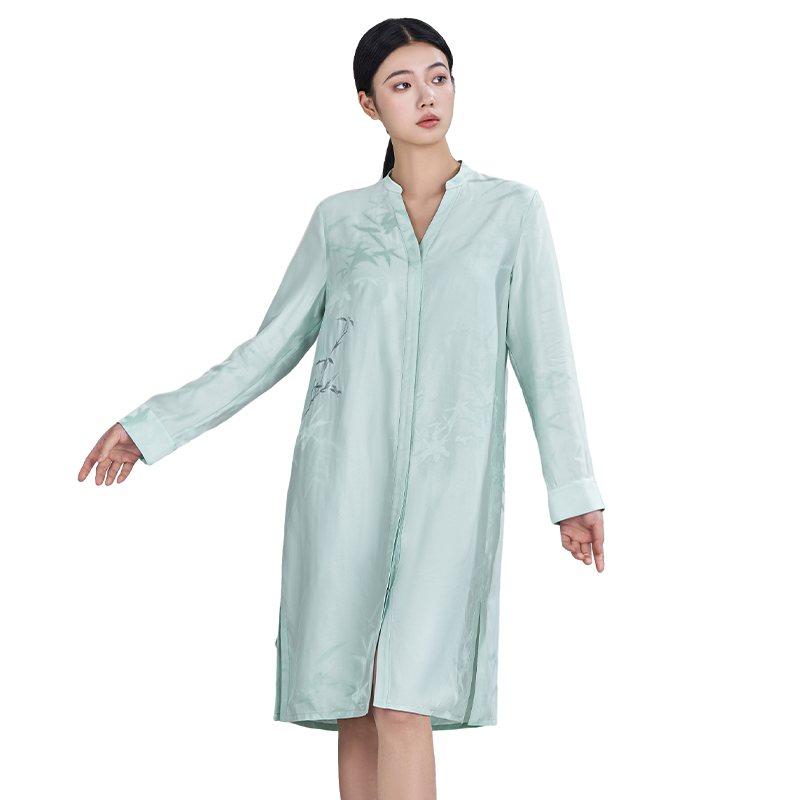 绣娘丝绸真丝桑蚕丝家居服睡裙刺绣苏绣连衣裙春夏季睡衣女睡袍