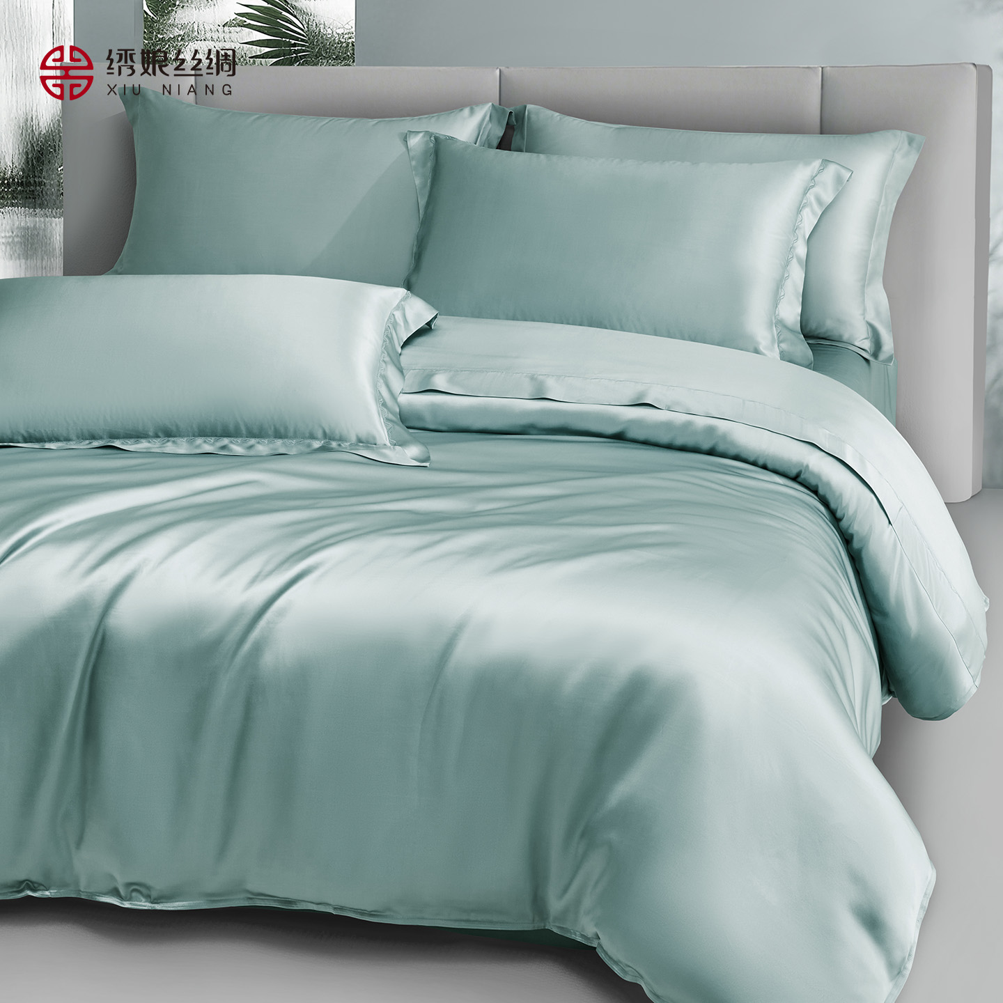 绣娘丝绸真丝100%桑蚕丝面料纯色四件套床品轻奢绣花边被套床单