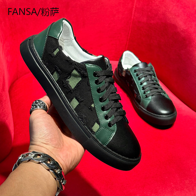 潮鞋男潮牌欧洲站男鞋2026年新款小黑鞋板鞋男休闲鞋真皮拼接布鞋