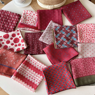 红色新款腰果花棉质方巾日系碎花文艺复古领巾春夏秋装饰发带头巾