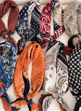 橙色腰果花棉麻发带丝巾70小方巾女薄款围巾领巾亚麻头巾百搭衬衫