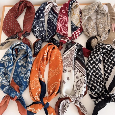 橙色腰果花棉麻发带丝巾70小方巾女薄款围巾领巾亚麻头巾百搭衬衫