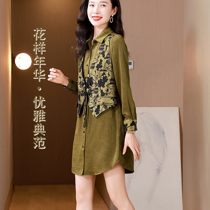 衬衫裙假两件套长款2026春夏新款设计感小众高端上衣军绿长袖小衫