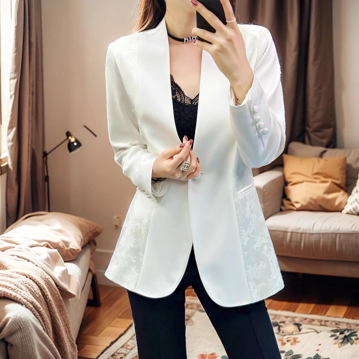 爆款醋酸西装外套女2026春季新款高级感修身显瘦长袖白色V领上衣