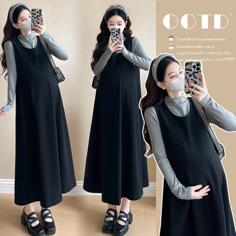 实拍现现孕妇装连衣裙套装春装大码新款时尚背心裙+打底衫两件套