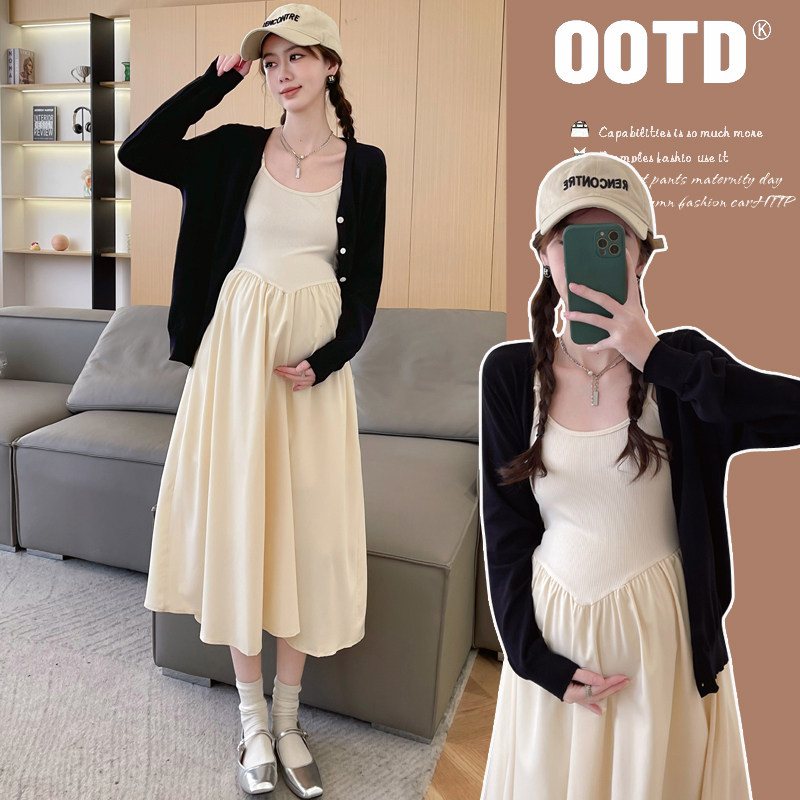 实拍 春装新款孕妇连衣裙针织外套休闲孕妇两件套装春季