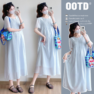 实拍新款孕妇装夏季韩版简约时尚宽松显瘦大码连衣裙中长款