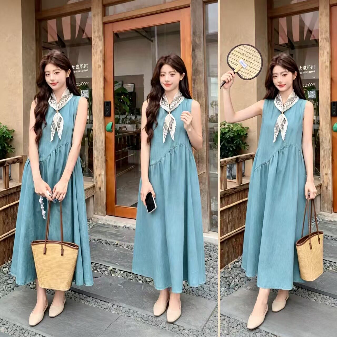 2026现孕妇夏季新款宽松孕妇背心裙配丝巾无袖牛仔孕妇连衣裙套装