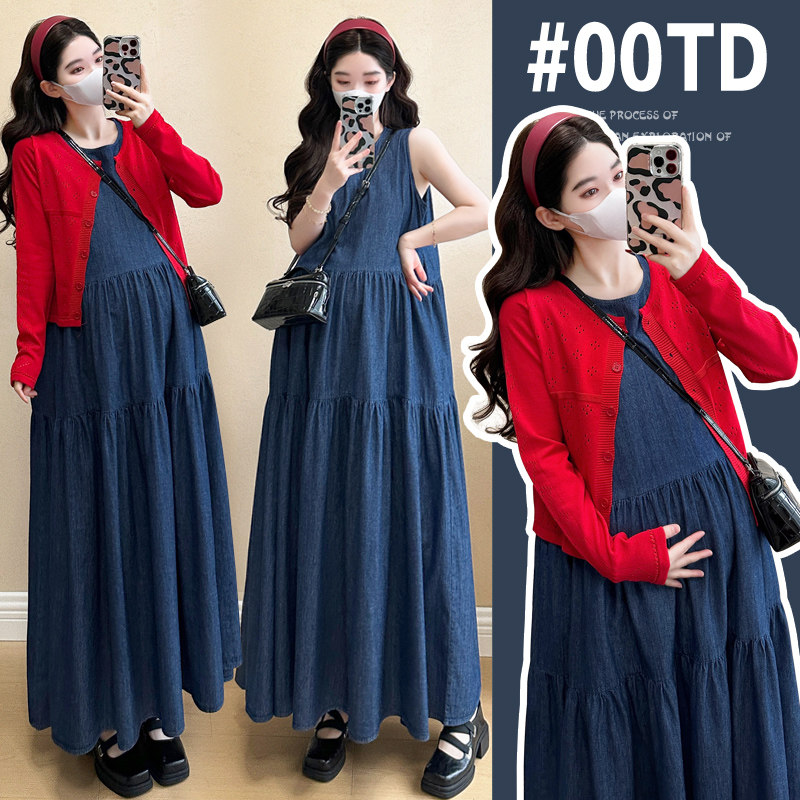 实拍现2026春新款中长款牛仔背心裙蛋糕裙镂空针织开衫两件套