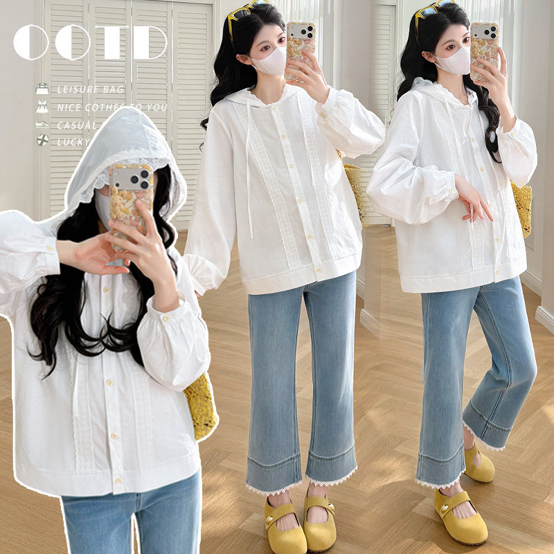 实拍新款 现春季韩版宽松蕾丝拼接连帽衬衫孕妇上衣