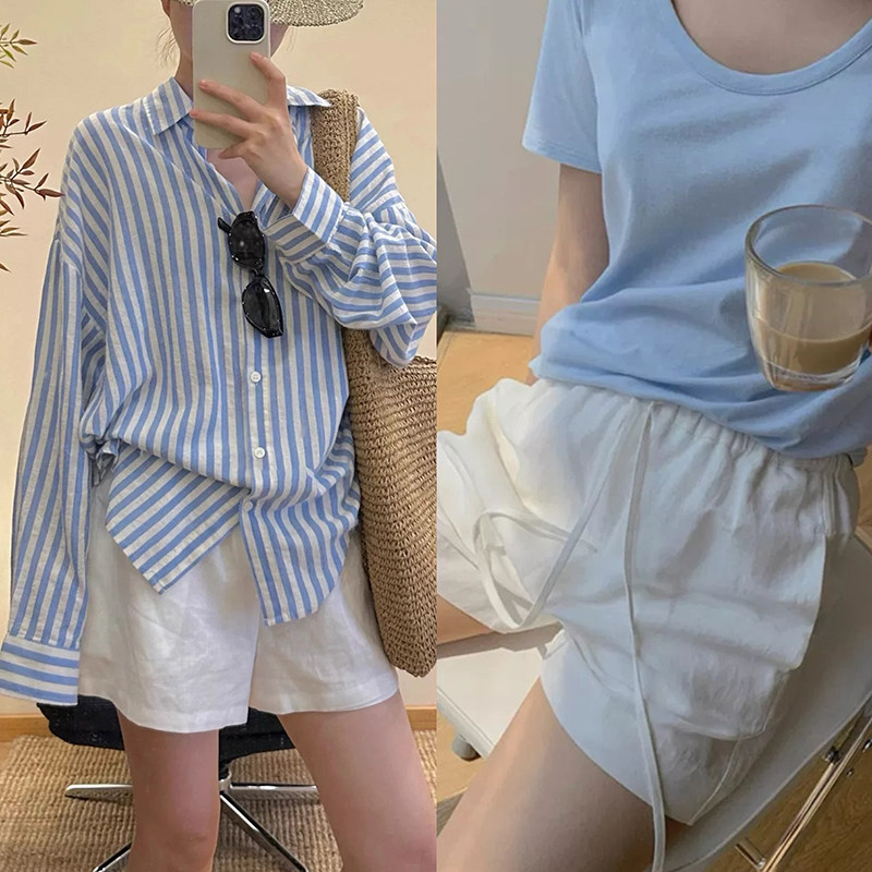 现孕妇白色棉麻运动阔腿短裤女夏季新款薄款抽绳小个子亚麻短裤子