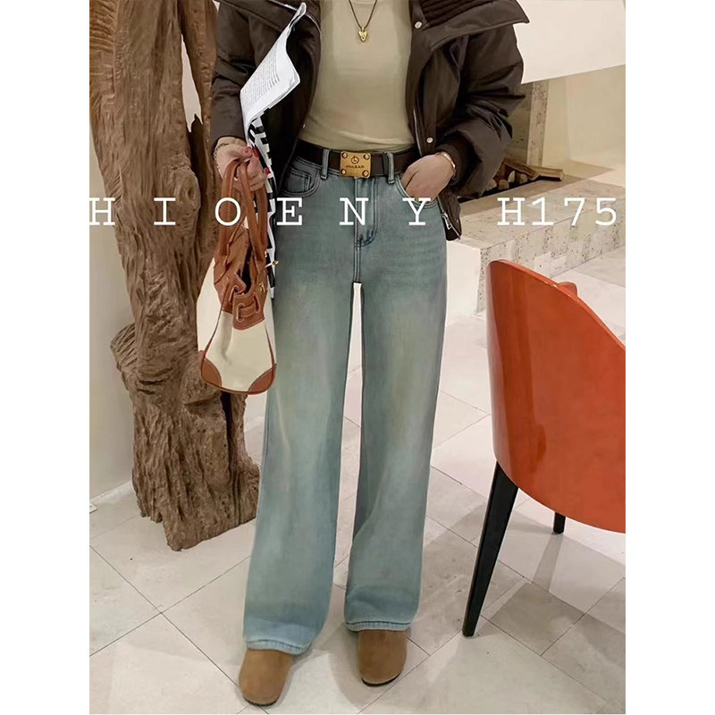 加厚绒欧货后口袋贴标字母加绒浅色哈妮牛仔直筒裤窄版宽松显瘦拖