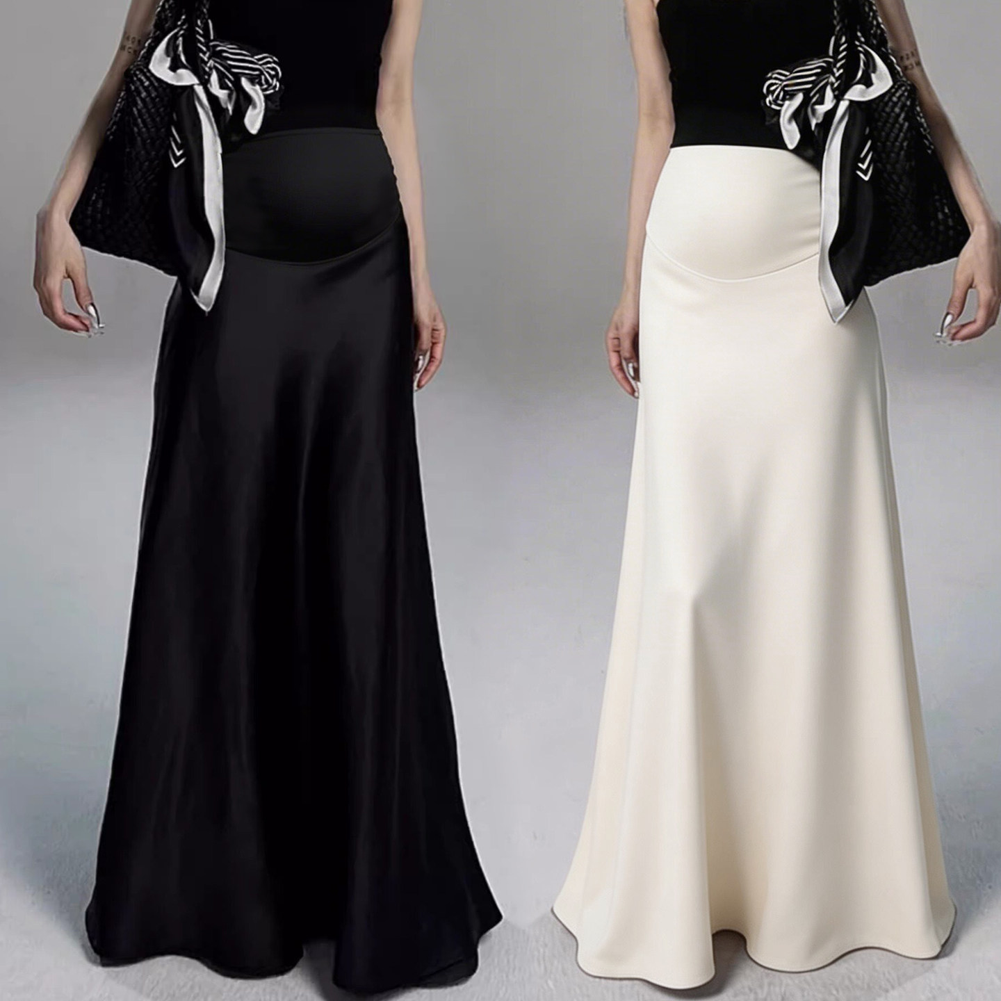 现 孕妇新款夏季缎面丝滑时尚宽松垂感a字春托腹加长款半身长裙