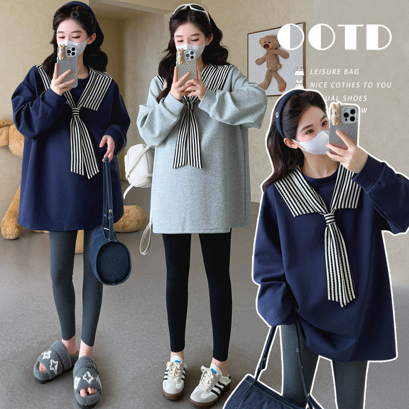 实拍现孕妇春装新款条纹披肩长袖卫衣时尚百搭宽松上衣加绒加厚