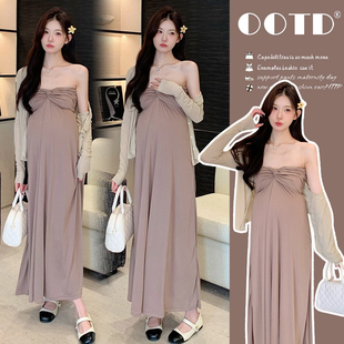 实拍現货孕妇装春夏装连衣裙高级感2026新款法式抹胸辣妈长裙