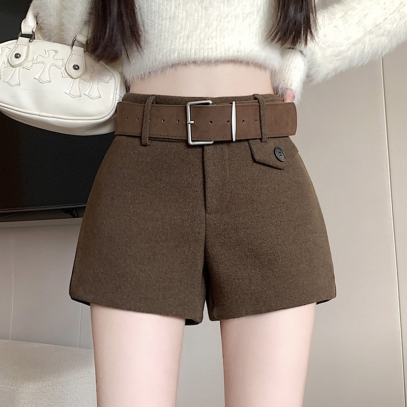 实拍美式辣妹百搭毛呢短裤女冬季新款修身显瘦外穿靴裤子