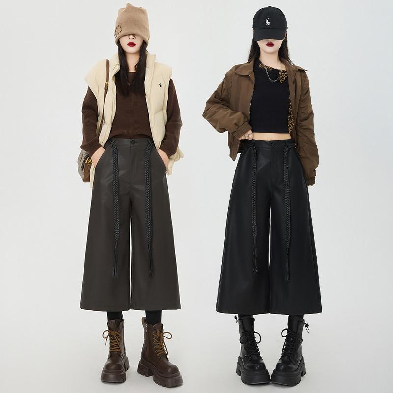 PU皮裤阔腿裤女款2025新款秋冬靴裤直筒小个子七分八分中裤宽松