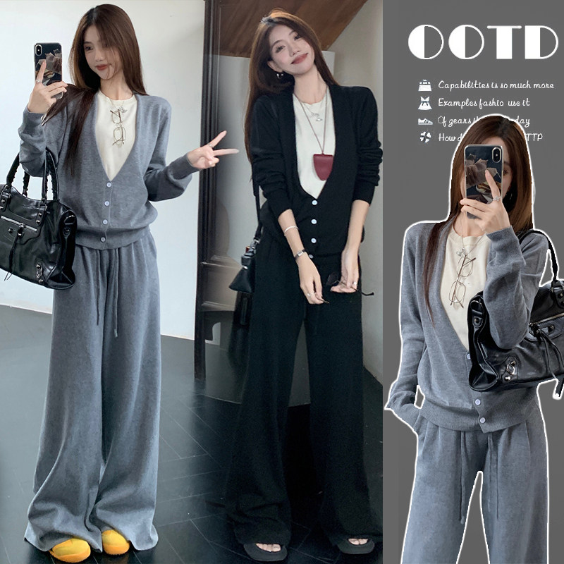 新品孕妇春装套装2026新款慵懒风休闲针织上衣+阔腿裤潮妈两件套