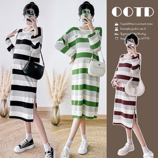 实拍孕妇春装连衣裙2026新款春秋休闲套头长袖条纹针织裙子