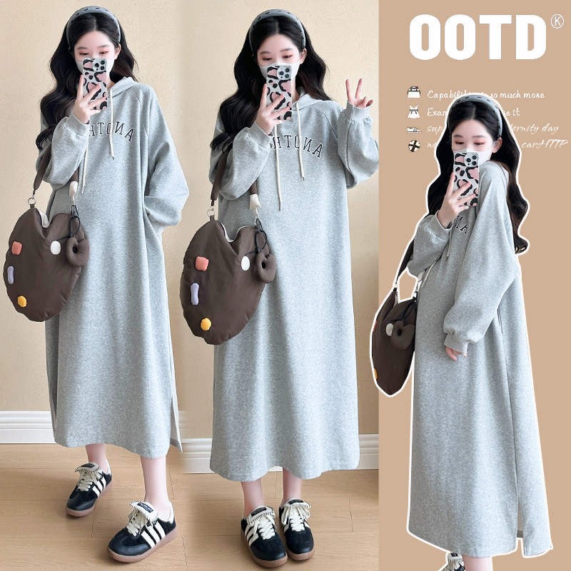 实拍现现孕妇装春秋装卫衣长裙韩版时尚潮妈宽松中长款连衣裙