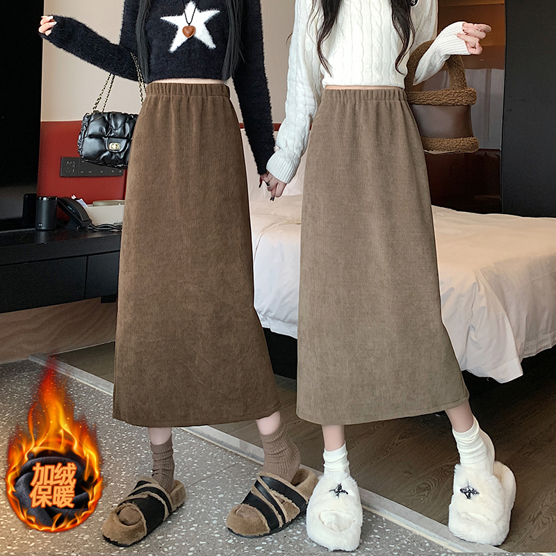 实拍 2025秋冬高腰显瘦松紧腰加绒加厚灯芯绒中长款开叉a字半身裙