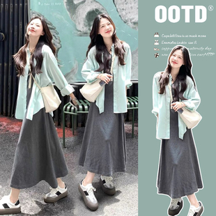 孕妇装春装新款气质衬衫纯棉中长款孕妇连衣裙休闲两件套装