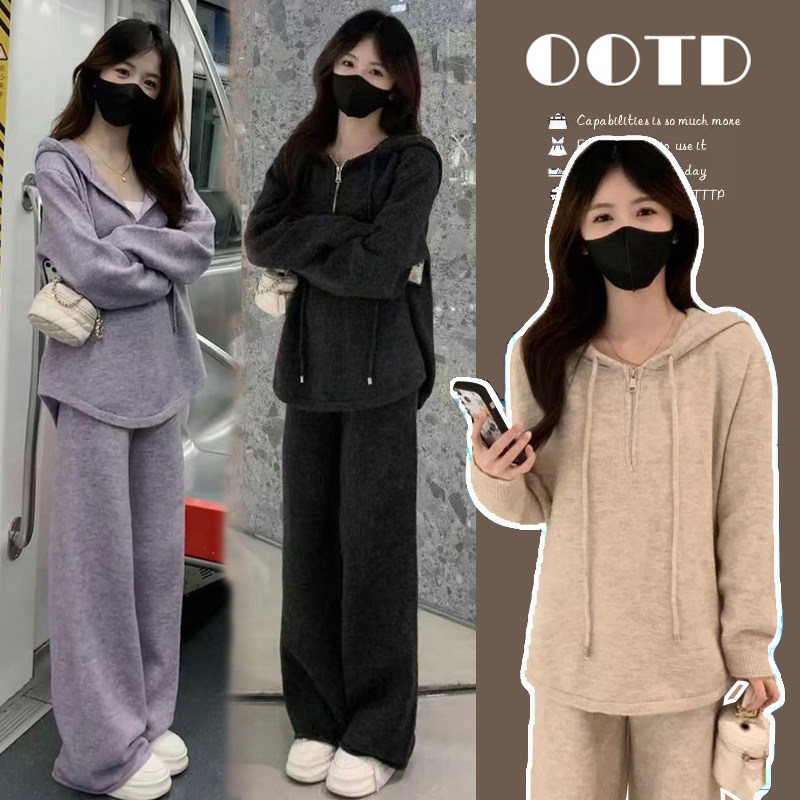 孕妇春装套装2026新款春秋季韩版宽松休闲连帽上衣+阔腿裤两件套