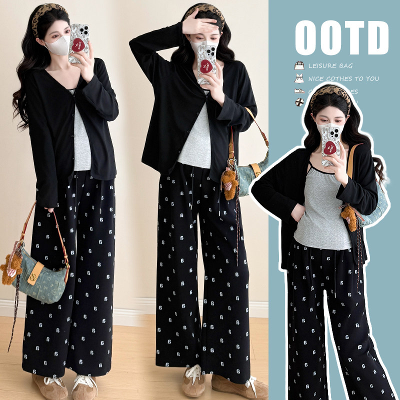 实拍春夏慵懒风孕妇套装开衫外套女无袖背心秋季阔腿休闲裤三件套