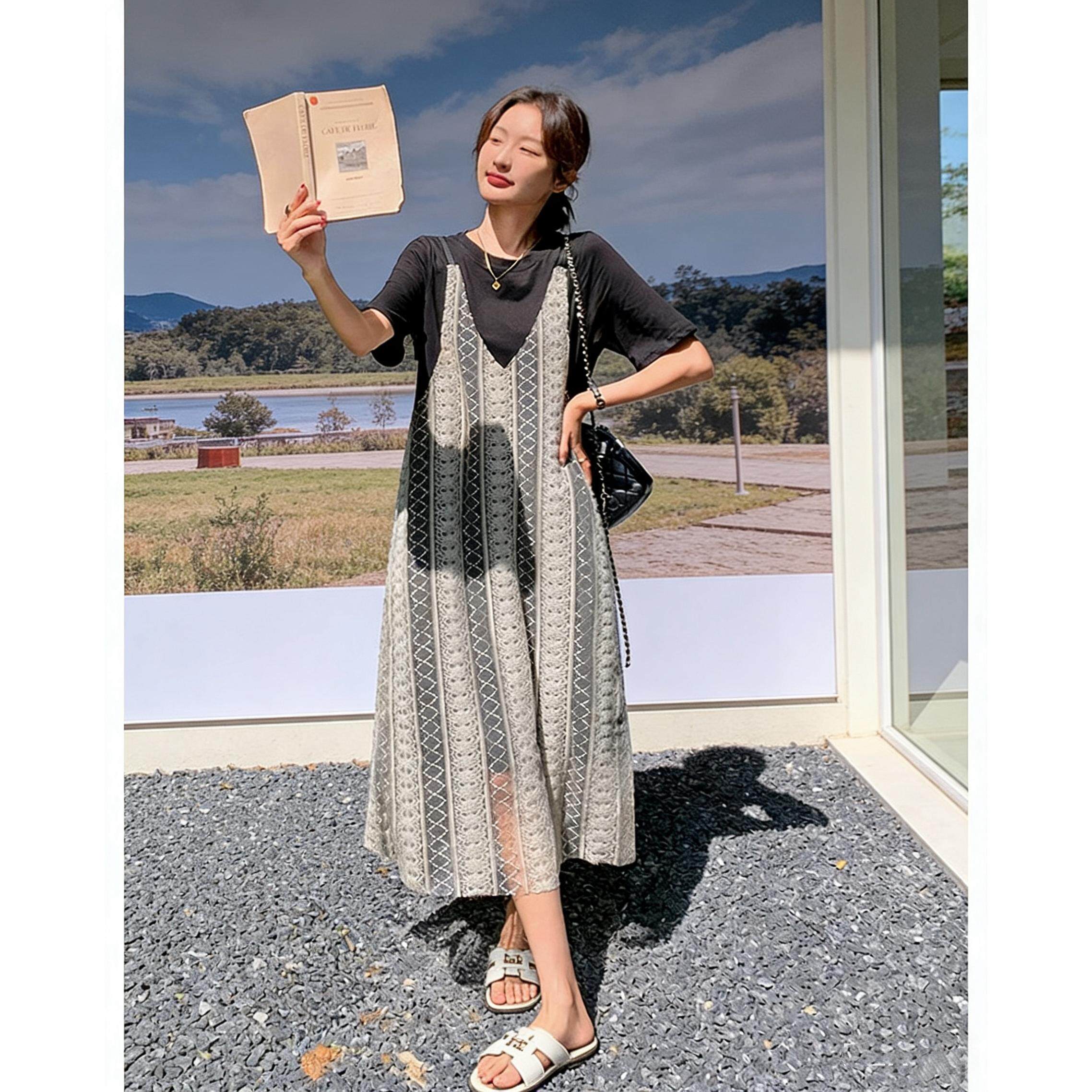 勾花黑色叠穿连衣裙女夏季新款小清新赫本风宽松假两件大码长裙子