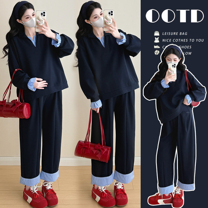实拍新款 春季设计感假两件拼接条纹韩系宽松潮妈卫衣套装