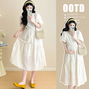 实拍孕妇夏装连衣裙2026新款夏天宽松高级感V领短袖花朵A字裙女