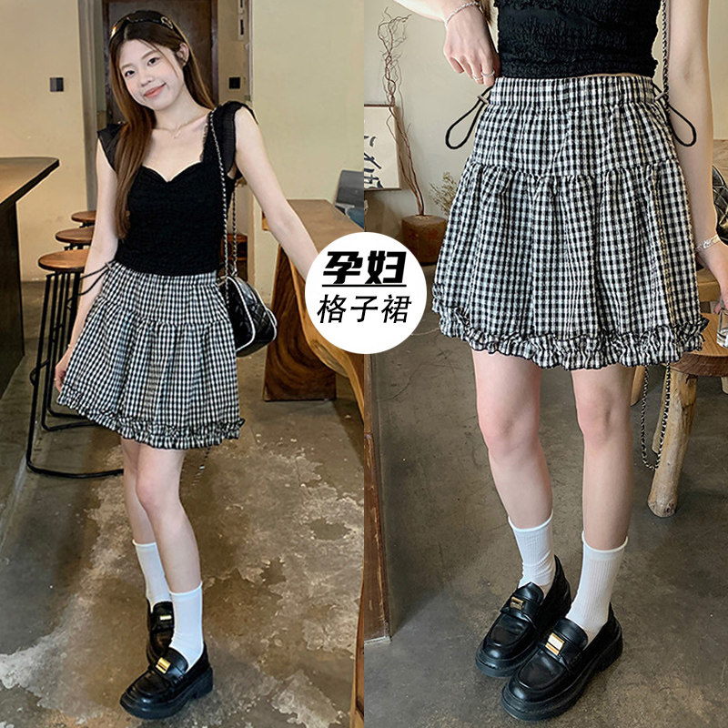 现 孕妇复古黑格子木耳花边半身裙夏季百搭小个子防走光a字短裙