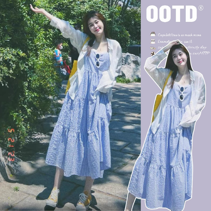 有货  春夏新款条纹中长款孕妇连衣裙宽松防晒衬衫孕妇两件套装