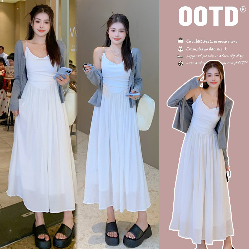 孕妇装春装新款气质白色吊带连衣裙+针织外套休闲孕妇套装
