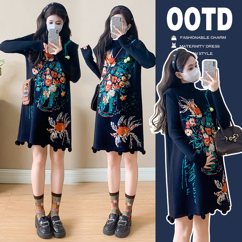 实拍孕妇秋冬连衣裙短款春装新款黑色打底衫+针织背心裙