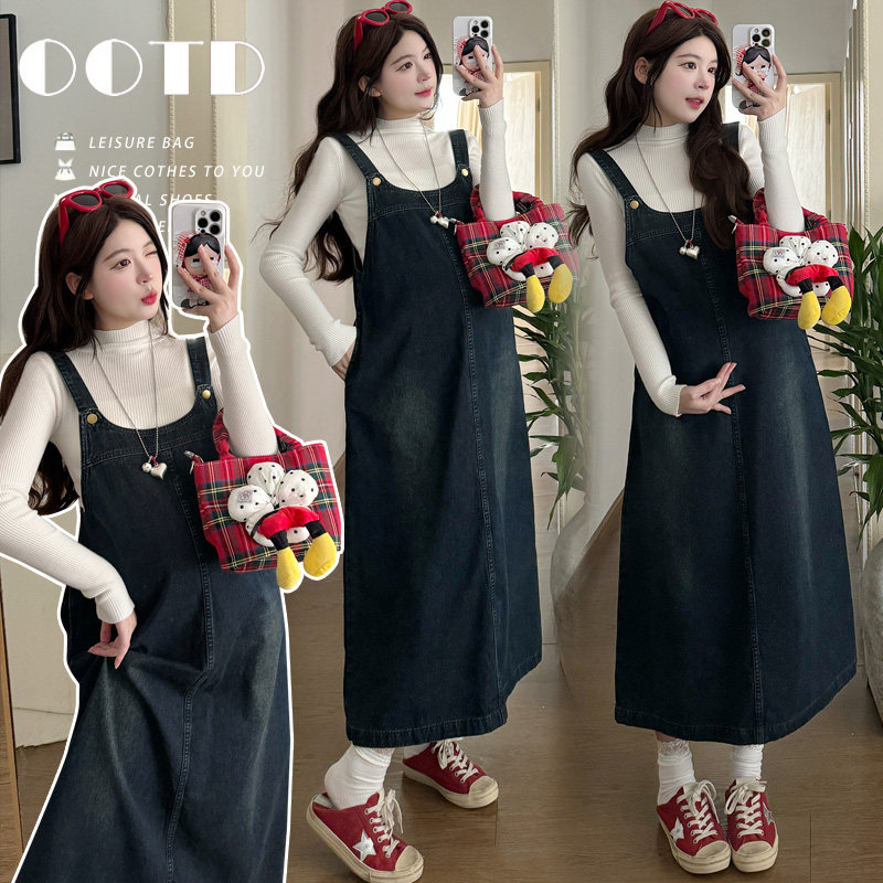 实拍 孕妇装春款渐变色牛仔背带裙两件套装