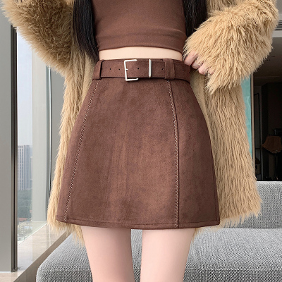 实拍美拉德棕色鹿皮绒半身裙女秋冬季小个子包臀高腰a字咖色短裙