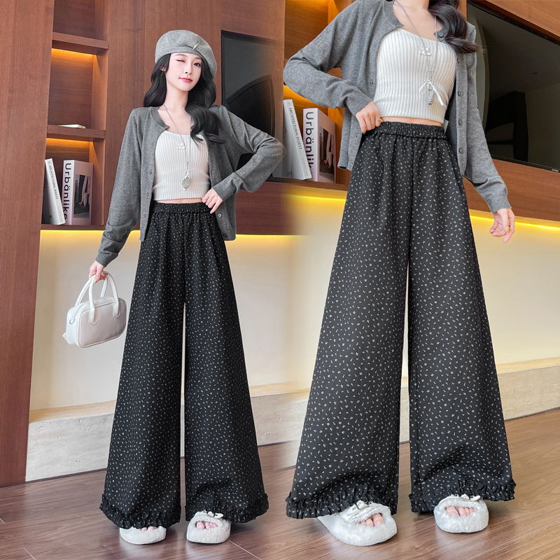 实拍复古碎花阔腿裤女2025秋冬季高腰宽松百搭遛弯休闲直筒拖地裤